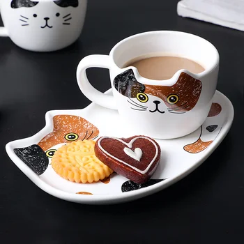 Cute Kačių Keramikos Kavos Puodelis Nustatyti Rankena Gyvūnų Puodeliai Su Padėklu Kūrybos Drinkware Kavos, Arbatos Puodelius Naujovė Pieno Taurės Pusryčiai