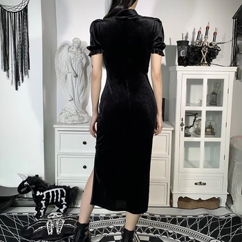 InsGoth Derliaus Elegantiška Juodo Aksomo Suknelė Moterims Harajuku Nėrinių Aukšto Juosmens Ritininės Suknelės Estetinės Slim Šalis Suknelė Cheongsam