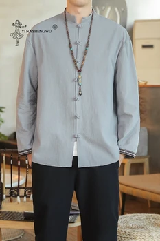 Japonijos vyriški Marškiniai ilgomis rankovėmis Marškinėliai Atsitiktinis Palaidų Apykaklės Marškinėliai Japonija Harajuku Medvilnės ir Lino Vyrų vientisos Spalvos Kimono Vyrai