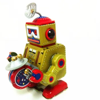 [Juokingi] Classic kolekcija Retro Clockwork Vėjo iki Metalo Pėsčiomis Alavo Juostos Žaisti gong būgno robotas priminti, Mechaninė žaislas vaikams dovanų