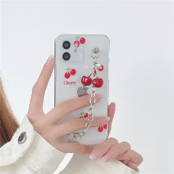 Korėjos Mielas Gradientas Vyšnių 3D Grandinės Apyrankė Minkšta telefono dėklas Skirtas iphone 7 8 Pulse X XR XS 11 12 pro Max Aišku, padengti fundas
