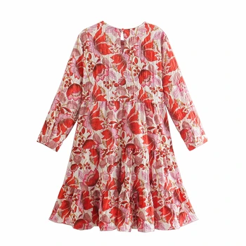 LVWOMN Za 2021 M. Vasarą Raudonoji Gėlių Mini Suknelė Moteris ilgomis Rankovėmis Pynimas Ruched Dress Moterų Derliaus Cottagecore Trumpas Atsitiktinis Suknelės