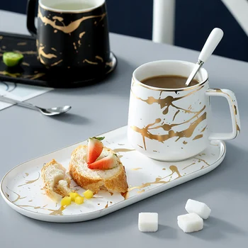 MUZITY Keramikos Pieno Puodelis su Pusryčiais Lėkštės Porcelianas MarbleTea Puodelis ir Lėkštelė Vienas Asmuo Rinkinys