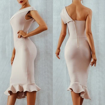 Mados Elegantiškas Moterų Suknelės, Seksualus vientisos Spalvos Berankovė Vieną Petį Žuvies Uodegos Apačia Bodycon Midi Suknelė 2020 Slim Moterų vestido