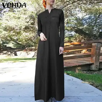 Marškinėliai Suknelė VONDA Moterų Atsitiktinis ilgomis Rankovėmis Mygtuką Iki Atostogų Šalis Džinsinio audinio Suknelės Bohemijos Vestidos Paplūdimio Sundress