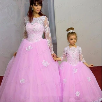 Mielas Pink Linijos Tiulio Gėlių Mergaičių Suknelės Komunijos Suknelė Ilgomis Rankovėmis Su Appliques Mergina Oficialią Vakaro Suknelės