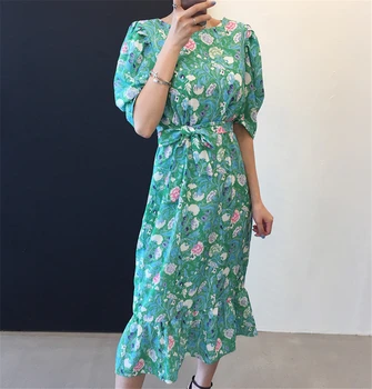 Moterų Derliaus Korėja Gėlių Suknelė 2021 M. Vasarą Sluoksniuotos Rankovėmis Backless Slidinėti Suknelių Mados Atsitiktinis Sundress Moterų Drabužiai Suknelė