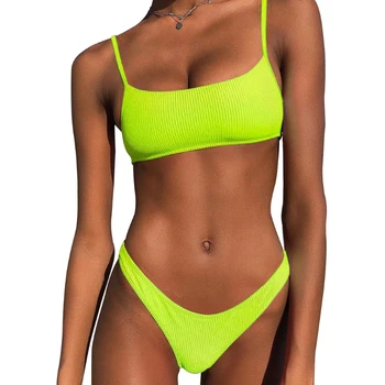 Moterų Sexy 2vnt Bikini Komplektas Bandeau Briaunoti maudymosi kostiumėlį Neon vientisos Spalvos Maudymosi Kostiumą XX9D
