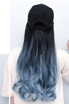 Moterų Skrybėlę Perukas Vieną Piko Cap Blue Haze Didelis Banguotų Ilgų Plaukų Perukas Sintetinis, Plaukai Tamsiai Rudas Juodas Garbanotas Perukas