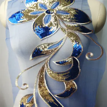 Mėlyna Aukso China Gėlių Lapus, Nėrinių Medžiaga Išsiuvinėta Vestuvinė Suknelė Appliques Apykaklės Akių Siūti Pleistras Suknelė 