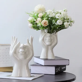 Naujas Keramikos Žmogaus Veido Gėlių Vaza Meno Stiliaus Skulptūra Vazoninių Augalų Augalų Darbalaukio Vazonas Namų Puošybai Papuošalai