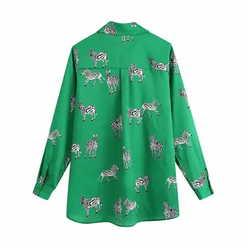 Nlzgmsj Za 2020 m. rudenį moterys negabaritinių gyvūnų spausdinti žalia marškiniai, elegantiškos moters laisvalaikio laisvi marškiniai, palaidinės