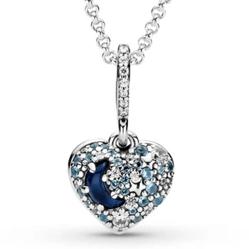 Putojantis Blue Moon & Žvaigždžių Atviros Širdies Klasikinis Nesenstantis Elegancija 925 Sterlingas Sidabro Karoliai Europoje Granulių Žavesio Papuošalai