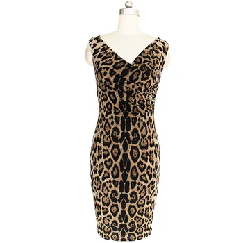 Rankovių Leopard Ddress Mados V-kaklo Vasaros Suknelės Kavos Moterų Elegantiškas Rudenį Bodycon Pieštuku Suknelė Dames Jurken #40
