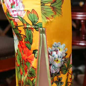 SHENG KOKOSŲ Geltona Qipao Suknelės Gėlių Derliaus Cheongsam Brokatas Ilgai Lady Vasaros Spausdinimo Stora Korsetas Chipao Suknelė XXXL 2XL
