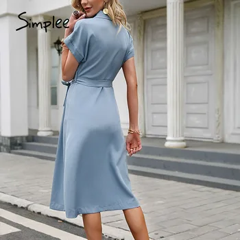 Simplee Vasaros mėlyna biuro aukšto juosmens diržas ponios suknelė, Prašmatnus, elegantiškas aline moterų suknelė Gpgb trumpas rankovės Atsitiktinis moterų suknelė 2021
