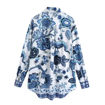 TRAF Moterų 2021 Mados Mėlynos ir Baltos spalvos Porceliano Atspausdinta Marškinėliai Retro ilgomis Rankovėmis Susegamas Palaidinė Blusas Streetwear
