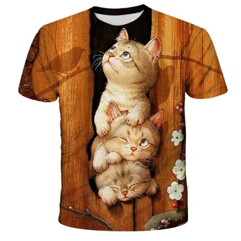 Vaikų 3D atspausdintas trumparankoviai katė T-shirt, gėlių spausdinti poliesteris marškinėliai, merginos 4-14 metų amžiaus