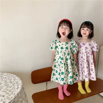 Vasaros 2021 mielas mergaičių gėlėti trumpomis rankovėmis suknelės korėjos stiliaus vaikams Aikštėje Apykaklės princesė suknelė drabužius