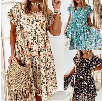 Vasaros moterų spausdinimo raundo kaklo trumpomis rankovėmis prarasti suknelė mažų gėlių Pynimas Bohemiškas stilius 2021