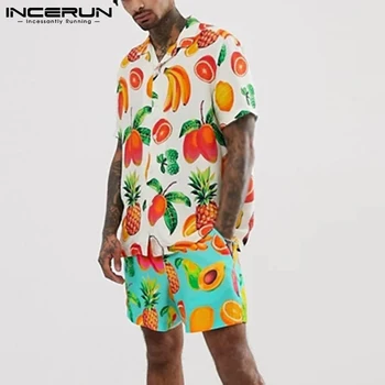 Vyrai Havajų Rinkiniai Spausdinimo Atvartas Trumpas Rankovės Marškinėliai Paplūdimio Šortai 2021 Streetwear Vasaros Atostogų Atsitiktinis Vyrų Kostiumai, S-3XL INCERUN