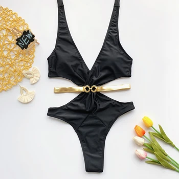купальник женский 2021 Sexy Black&Gold Diržo Bikini, maudymosi Kostiumėliai Moterims, vientisos Spalvos Apynasrio Maudymosi Kostiumą, Aukštos Juosmens Brazilijos Paplūdimio