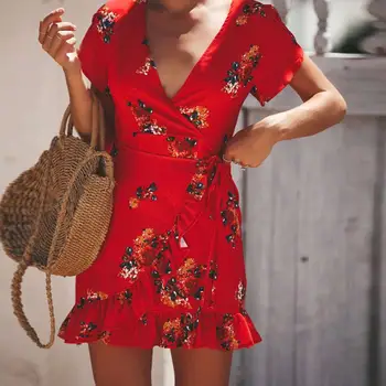 2021 Vasaros Gėlių Lapų Spausdinimo Moterų Suknelė Susiėmę Tvarstis Seksualus Giliai V Kaklo Mini Suknelė Trumpomis Rankovėmis Beach Suknelė Vestido De Mujer