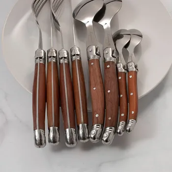 24Pieces Laguiole stalo Įrankių rinkinys Medienos rankena Stalo įrankiai iš Nerūdijančio plieno Kepsnys Peiliai Medinis Japonų Virtuvės Indai Accessoreis