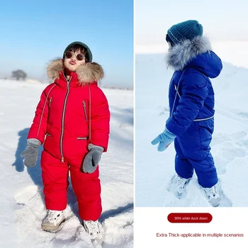-30 Laipsnių Žiemą, vaikų storio žemyn striukė Didelio dydžio berniukas jumpsuit slidinėjimo kostiumas Mergaičių baltos spalvos vandeniui sniego kostiumas 90% ančių pūkai