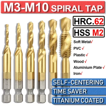6Pcs M3-M10 Derinys Gręžimo Sprial Bakstelėkite Bitų Rinkinys HSS Padengtas Titano 1/4