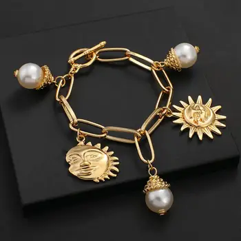 AENSOA Derliaus Aukso Spalvos Perlų Metalo Saulės Pakabukas Apyrankės Bohemijos Imitacija Geometrinis Nuorodą Grandinės Žavesio Apyrankės Moterims