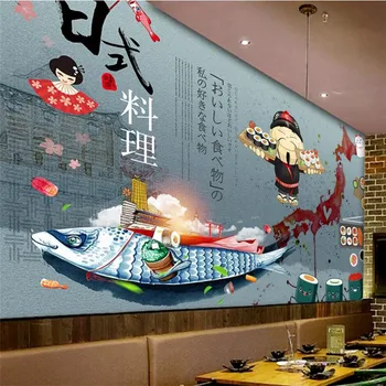 Animacinių filmų Rankomis Dažyti Japonų Suši Sienos Popieriaus 3D Restoranas Raudona Žemėlapis mėlyname Fone Pramonės ir Dekoro, Sienų Tapetai, 3D