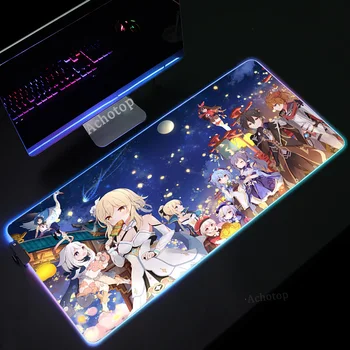 Anime Genshin Poveikio RGB Didelis Kilimėlis Anti-slydimo Padas LED Kompiuterinių Žaidimų Žaidėjų Priedai su Laidu Žaidimų Kilimėlis XXL