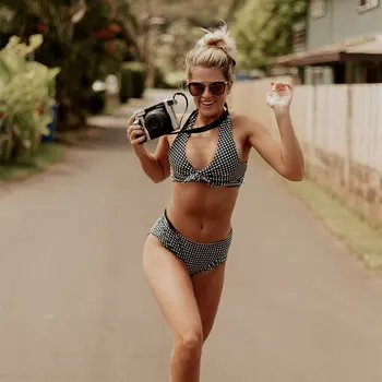 Aukštos Juosmens Bikini 2021 Grotelės Spausdinti Maudymosi Moterų Sexy Lankas-mazgas Paplūdimio Sporto Briaunoti Maudymosi Kostiumai Naujas maudymosi Kostiumėliai, bikini