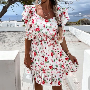 Boho Suknelė Vasaros Drugelis Rankovės Gėlių Spausdinti Suknelė 2021 Moterų Ruffl Backless Nėriniai-up Sundress Linijos, Paplūdimio Suknelė