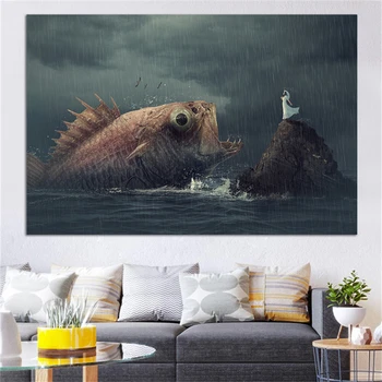 Didelio dydžio žuvų ir mergina drobės derliaus plakatas šiuolaikinio gyvenimo kambario apdaila, sienos meno tapybos, be rėmelio nuotraukos, fonai