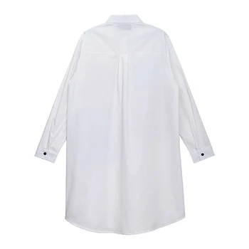 [EAM] Moterys Baltas Kišenėje, Nereguliarus Didelis Dydis Marškinėliai Suknelė Naują Atvartas ilgomis Rankovėmis Palaidi Tinka Mados Banga Pavasario Rudens 2021 1DE0706