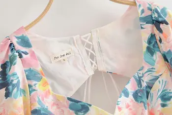 Elegantiškas gėlių spausdinti vasaros palaidinė moterims, trumpas sluoksniuotos rankovėmis tuščiaviduriai, iš nugaros užtrauktukas beach sexy ladies pasėlių marškinėliai
