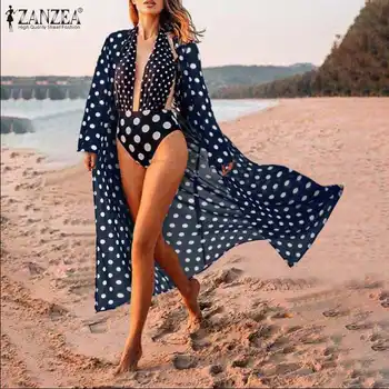 Feminino Padengti Kailis Paplūdimio Palaidinės, Marškinėliai ilgomis Rankovėmis Atspausdintas Viršūnes Elegantiškas ZANZEA Moterų Nėriniai Bohemijos Cardigan Chemise