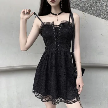 Gothic Punk Senovinių Nėrinių Suknelė Spagečiai Dirželiai Seksuali Juoda Mini Suknelė Moterims Streetwear Elastinga Plisuotos Tuščiaviduriai Iš Vasaros Suknelė