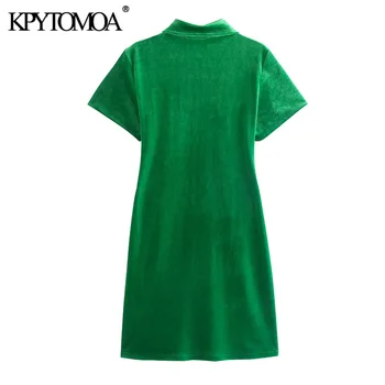 KPYTOMOA Moterų 2021 Elegantiškos Mados Aksomo Klostuotas Mini Marškinėliai Suknelė Vintage trumpomis Rankovėmis Mygtuką-iki Moterų Suknelės, Vestidos Mujer