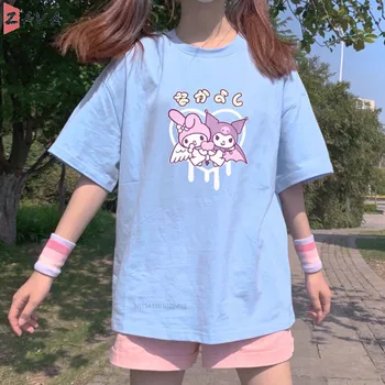 Kawaii 2021 Y2k Viršuje Medvilnės Vasaros Tee Negabaritinių Moterų Laisvi marškinėliai Lolita Paauglių Mergaičių Animacinių Marškinėlius Atsitiktinis Harajuku Drabužiai