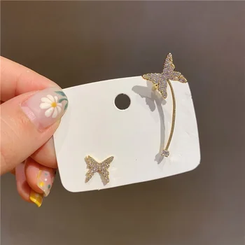 Korėjos Naujo Dizaino Bižuterijos Išskirtinį Vario Apdaila Cirkonis Visą Crystal Butterfly Asimetrinė Moterų Auskarai