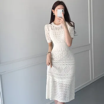 Korėjos Prašmatnus Elegantiškas Suknelė Moteris Plonas Juosmens Tuščiaviduriai O-kaklo Abrikosų Trikotažo Suknelės Moterų 2021 M. Vasaros Atsitiktinis Vidurio Vestidos