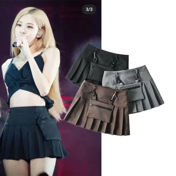 Kpop ROSE Gothic Black kišenėje Punk Aukšto Juosmens seksualus Sijonai moterims Streetwear mados-Line užtrauktukas Klostuotas mini Sijonai