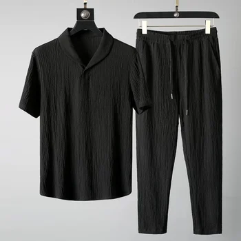 (Marškinėliai + kelnės)2021 m. vasaros vyrų mados klasikinis marškinėliai vyriški verslo atsitiktinis mados marškinėliai vyrams nustatyti drabužių dydis M-4XL