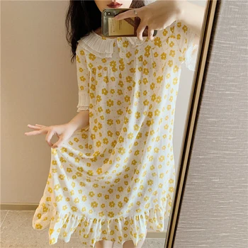 Medvilnės skalbiniai nightgowns moterų sleepdress trumpas rankovės midi plonas spausdinti prarasti vasaros homedress atsitiktinis mielas suknelė homewear Y551