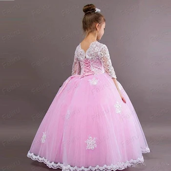 Mielas Pink Linijos Tiulio Gėlių Mergaičių Suknelės Komunijos Suknelė Ilgomis Rankovėmis Su Appliques Mergina Oficialią Vakaro Suknelės