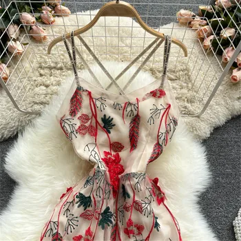 Moterų Siuvinėjimo Tinklelio, Chaki Suknelė Vasaros Derliaus Backless Diržas Mados Suknelės Šalis Seksualus Dirželis Suknelė Elegantiškas Sundress 2021
