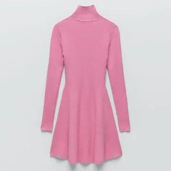 Pavasario 2021 nauji moteriški drabužiai vientisos spalvos megztinis aukšta apykakle ilgas plyšių, lieknėjimą juosmens rankovėmis megzti viršų mini suknelė